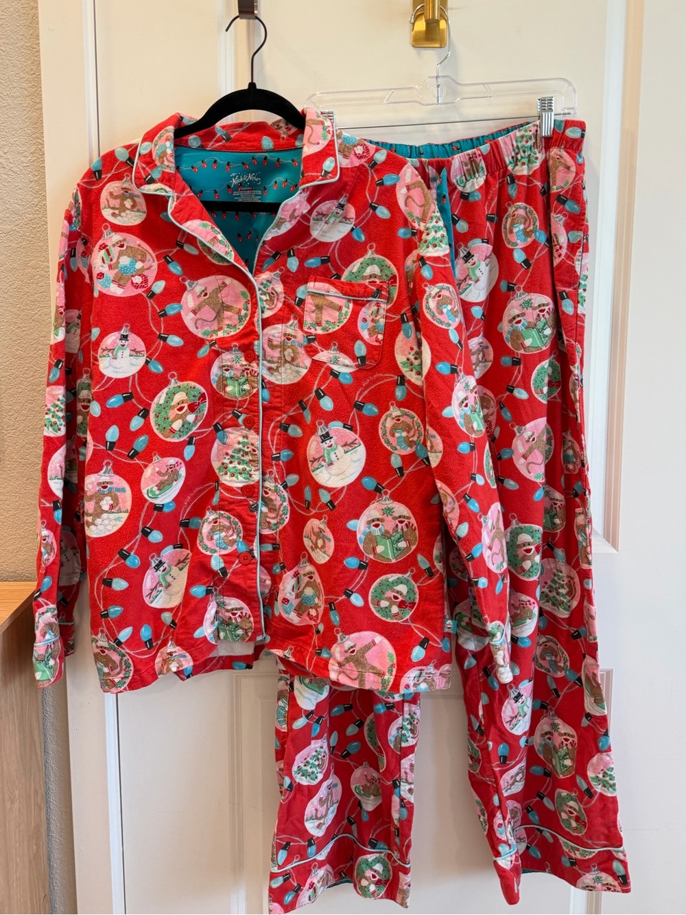 Nick & Nora Y2K Sock Monkey Christmas Pajama Set Ornament Lights Large RARE